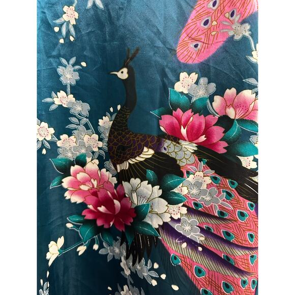 Dark Teal Green Exotic Peacock Floral Print Silk Blend Kimono Tie Robe OSFM - Picture 5 of 8